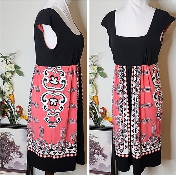 London Times Coral Scroll Abstract Pattern Dress Black Sheath Summer Bohemian - Picture 1 of 10